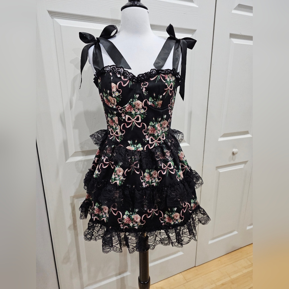 Dolls Kill Widow Goth Bows Floral Bewitched Bloom Tiered Black Lace Mini Dress - Picture 11 of 11